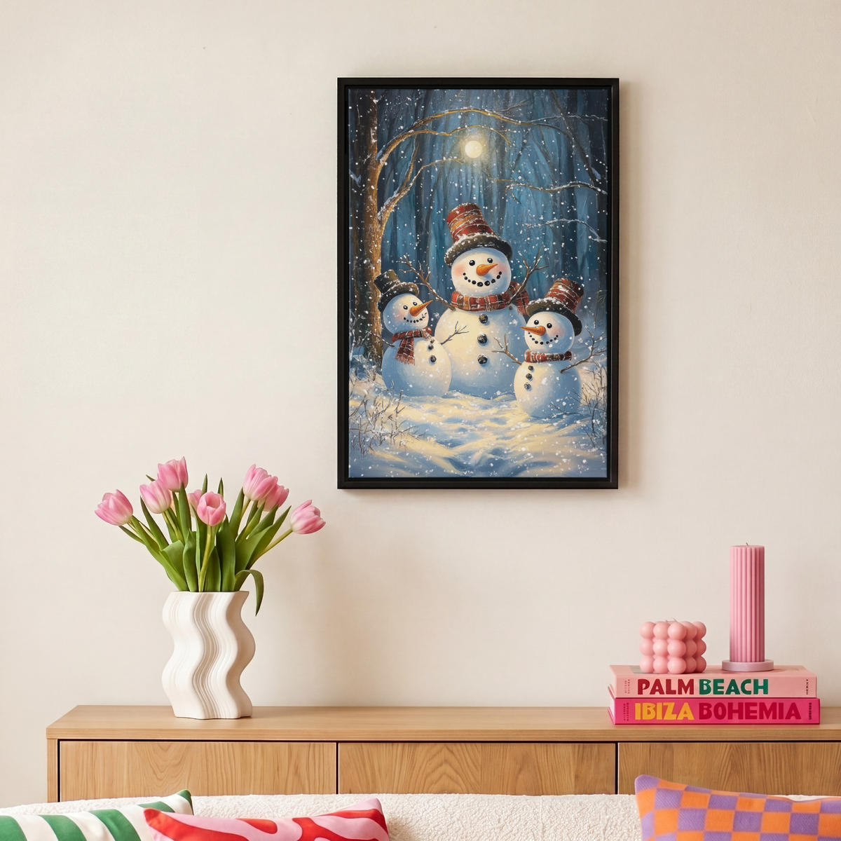 LEINWAND Bilder mit Rahmen - Schneemann - Schnee - Winter - Wald - 20x30 - Hellblau, Textil (20/30cm) - MuchoWow