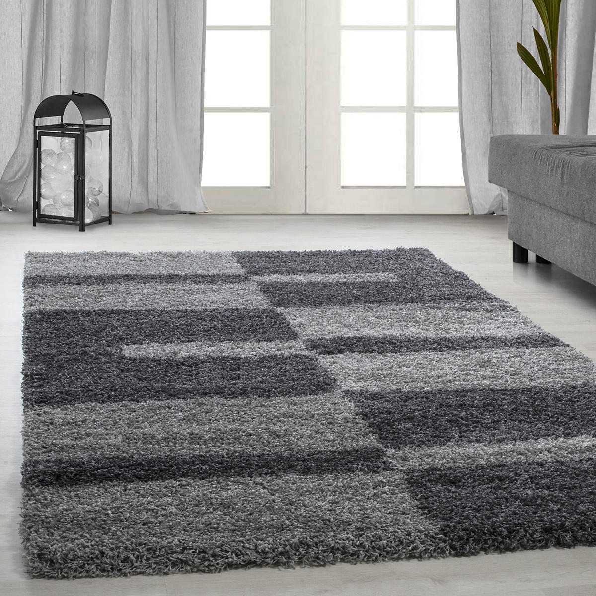 TEPPICH Hochflor Shaggy Karo Design Polypropylen Wohnzimmer Grau Läufer 100x200 - Grau, Textil (100/200cm) - KADIMA DESIGN