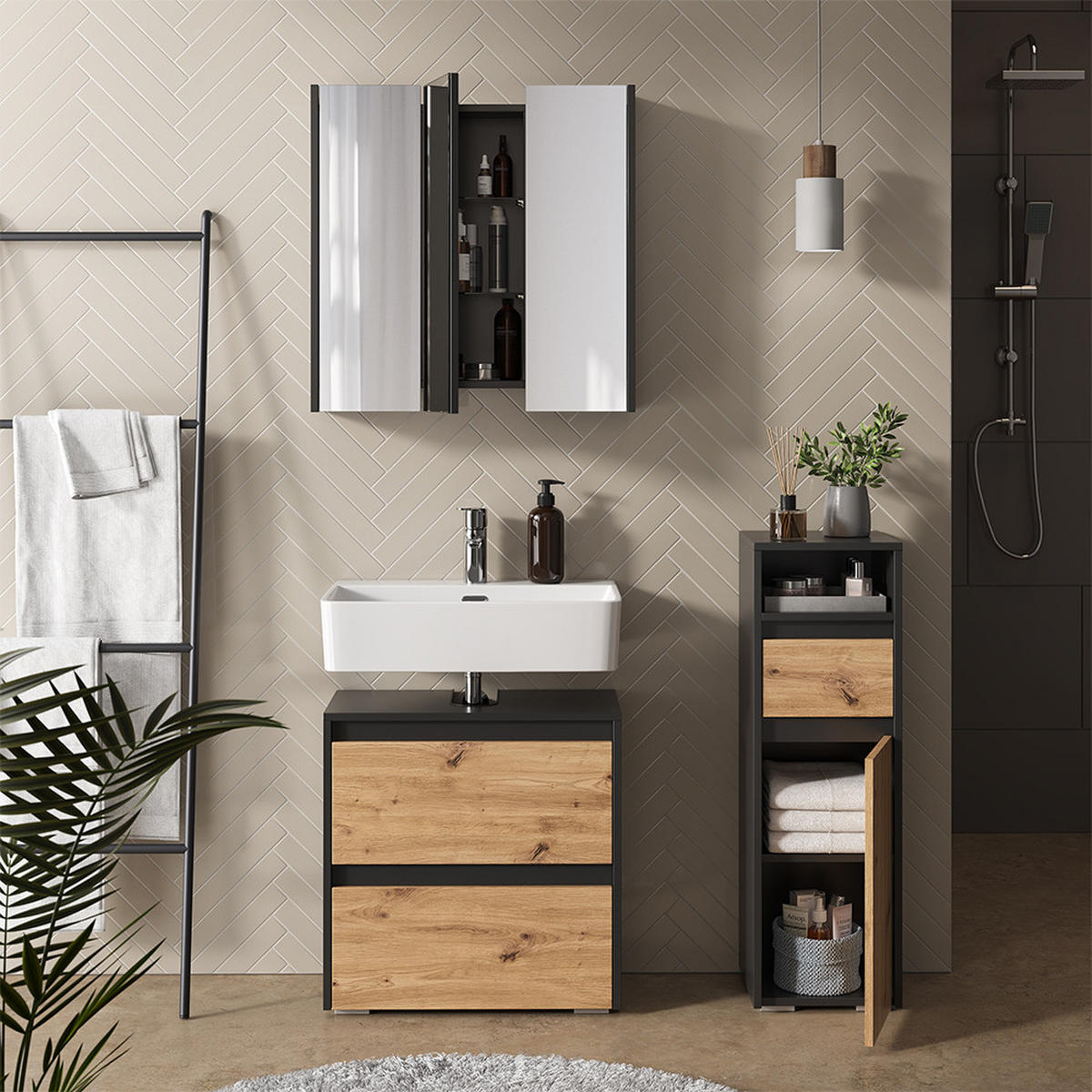 BADMÖBEL-SET Majest Anthrazit/Artisan 3 Teile - Anthrazit/Hellgrau, Holzwerkstoff (60.1/62/30.1cm) - Vicco