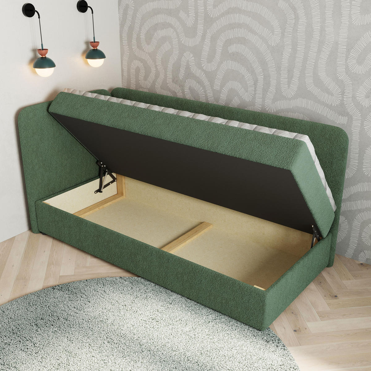 BOXBETT GINA 80x200 cm mit Matratze und Topper, H2+H3 - Grün - Grün, Holz (80/200cm) - MASSENO