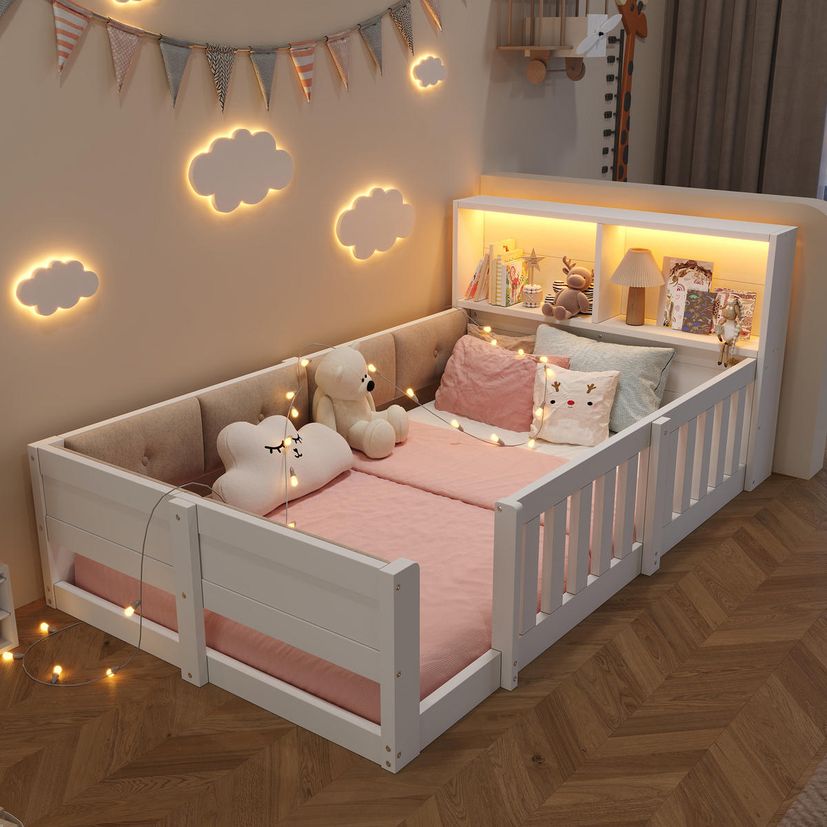 FLACHBETT 90x200cm Gitter Kinderbett LED Weiß - Weiß, Holzwerkstoff (90/200cm) - FLIEKS