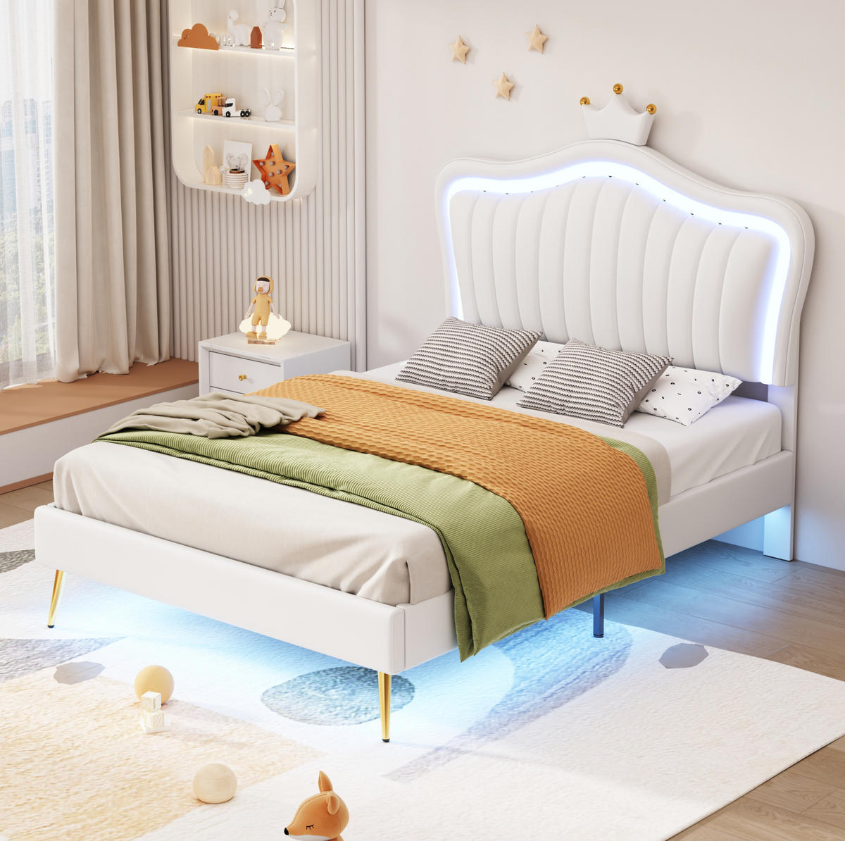 KINDERBETT 90/200 cm in Weiß mit LED-Beleuchtung und Muschel-Kopfteil - Weiß, Textil (90/200cm) - Flora Grace