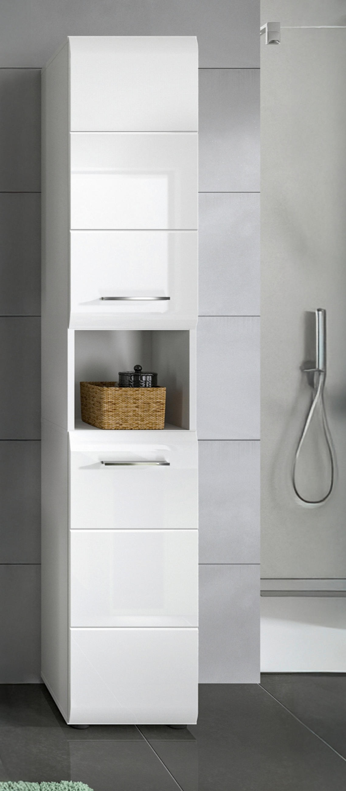 HOCHSCHRANK weiß Hochglanz, Badschrank 30 cm mit viel Stauraum - Weiß Hochglanz/Silberfarben, Holzwerkstoff/Kunststoff (30/185/30cm) - Inn.Furn