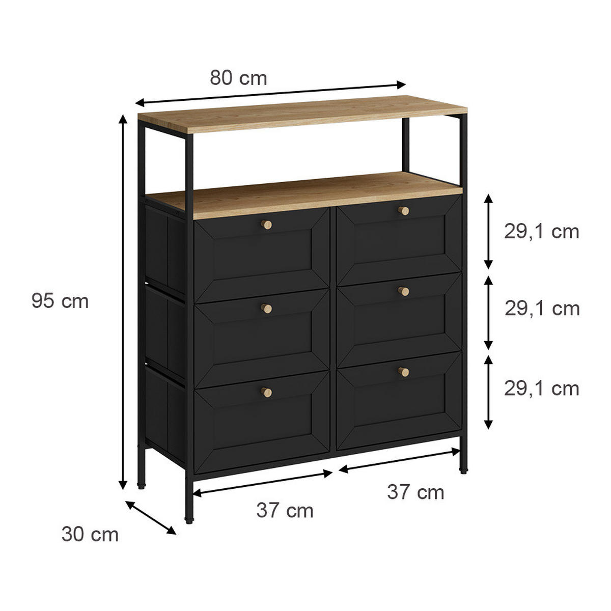 KOMMODE Belaro Schwarz 80 x 95 cm mit 6 Schubladen - Schwarz, Holzwerkstoff (80/95/30cm) - Vicco