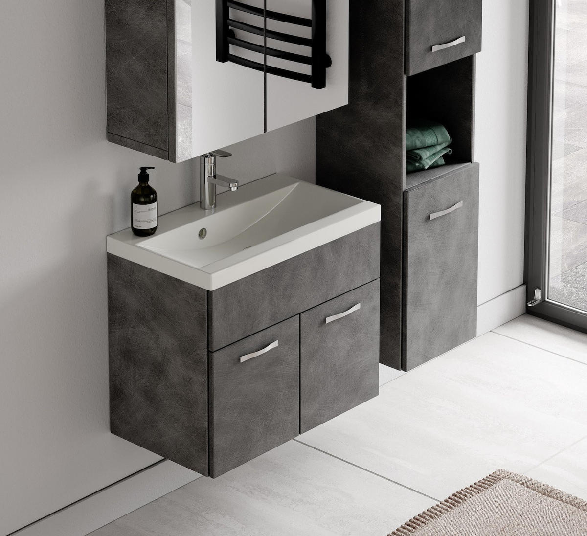 BADMÖBEL-SET Montreal 4 Teile Spiegelschrank Dunkel Grau - 60 x 35 x 51 cm - Grau, Holz (60/51/35cm) - Badplaats