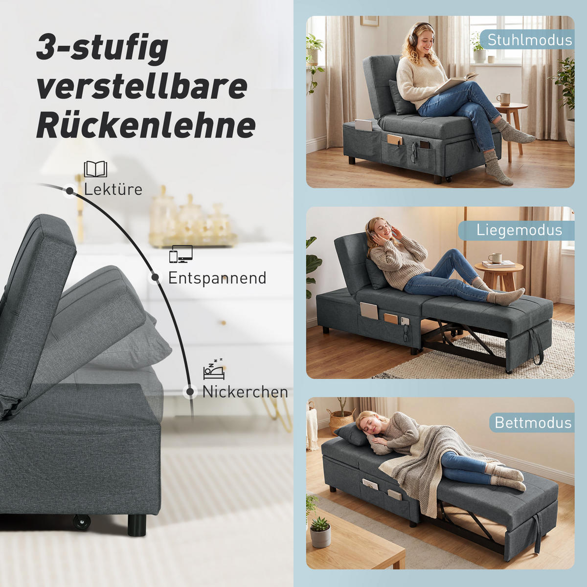 SCHLAFSOFA 4-in-1 DE-08249 multifunktional, verstellbare Rückenlehne Grau - Grau, Holzwerkstoff (181/43/65.5cm) - ComfortXL