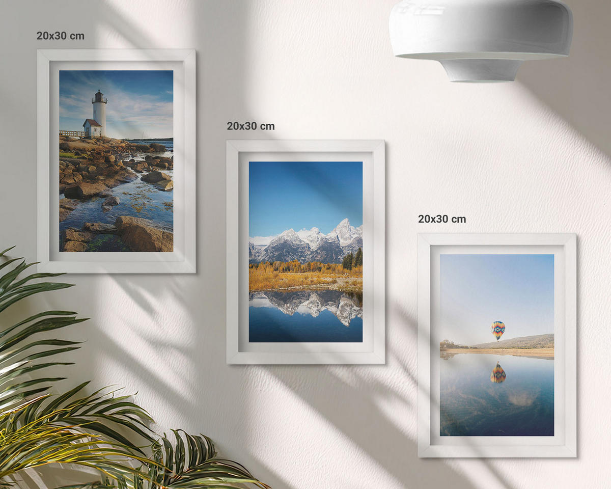 BILDER SET 3er Set - 20x30 cm Weißer Rahmen - Naturansichten, Leuchtturm, Berge, Ballonfahrt - Weiß, Kunststoff (20/30cm) - TULUP