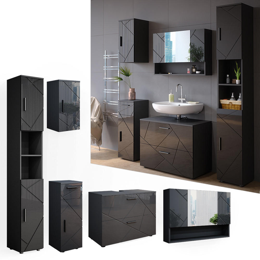 BADMÖBEL-SET Irma Anthrazit Hochglanz 5 Teile - Anthrazit, Holzwerkstoff (80/58.6/41cm) - Vicco