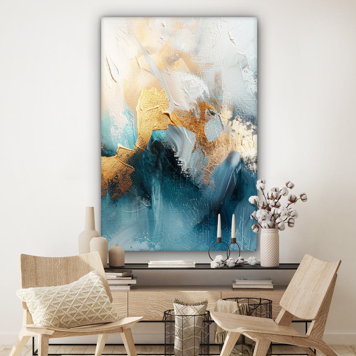 LEINWANDBILD Abstrakt - Kunst - Gold - Blau Deko Groß 90x140 cm - Petrol, Textil (90/140cm) - MuchoWow