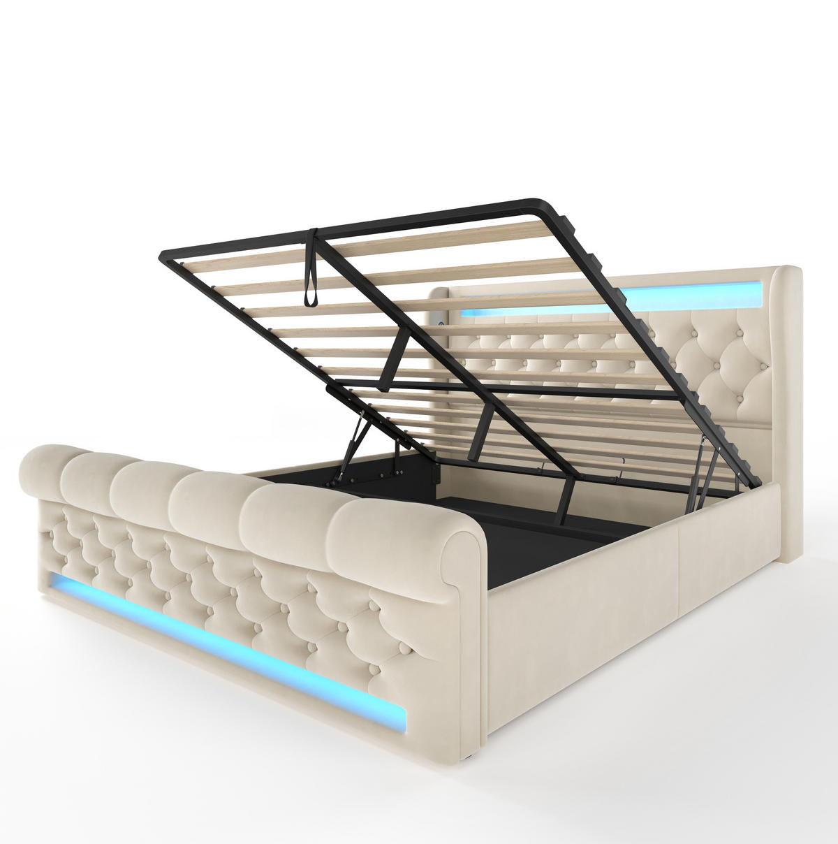 SAMT-POLSTERBETT 160/200 cm mit LED-Beleuchtung, Bettkasten und USB/Typ-C - Beige, Textil (160/200cm) - BEAOK