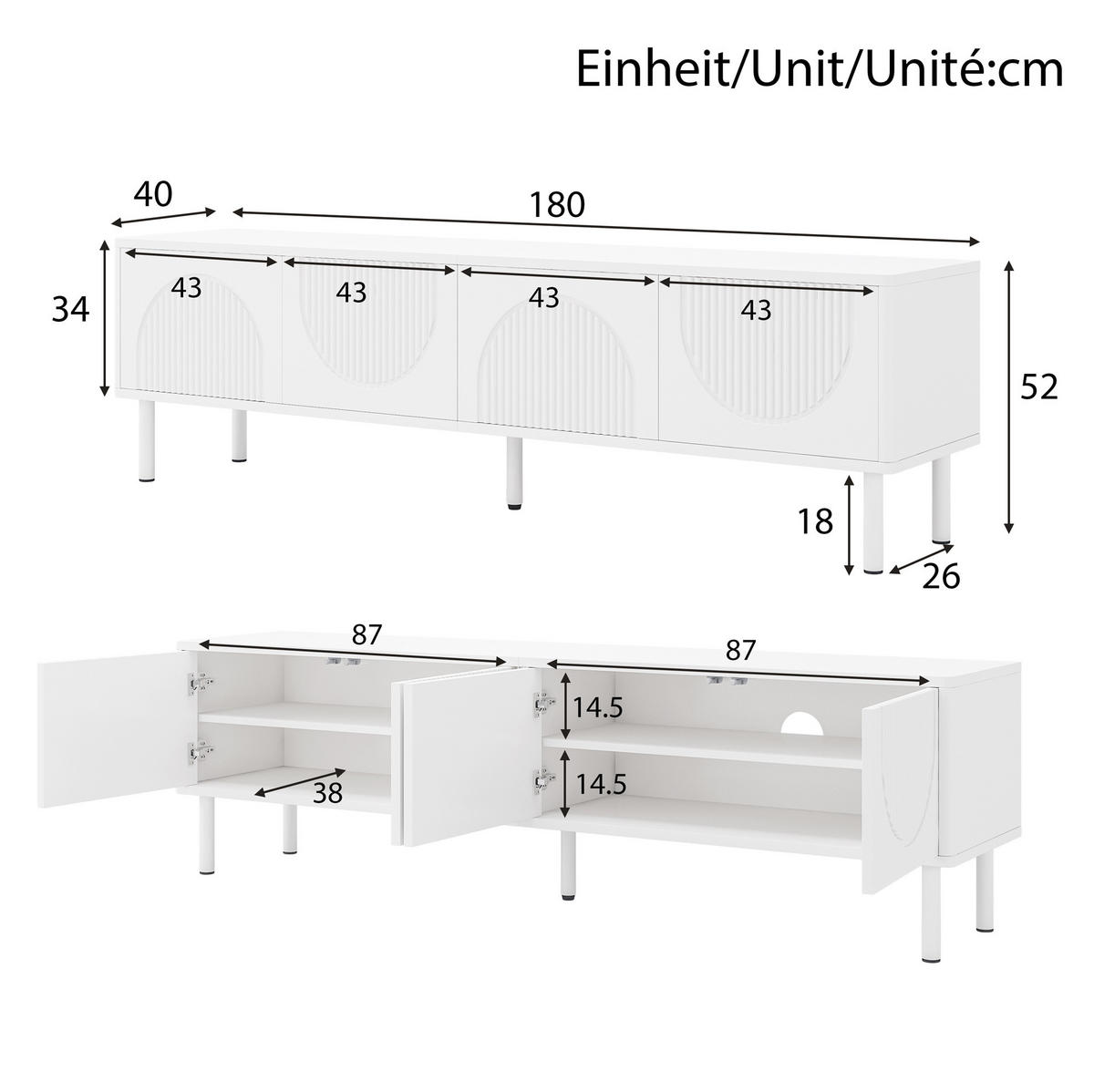 TV-LOWBOARD 180/40/52 cm weiß aus MDF und Spanplatte mit Kabelmanagement - Weiß, Holzwerkstoff (40/52/180cm) - OKWISH
