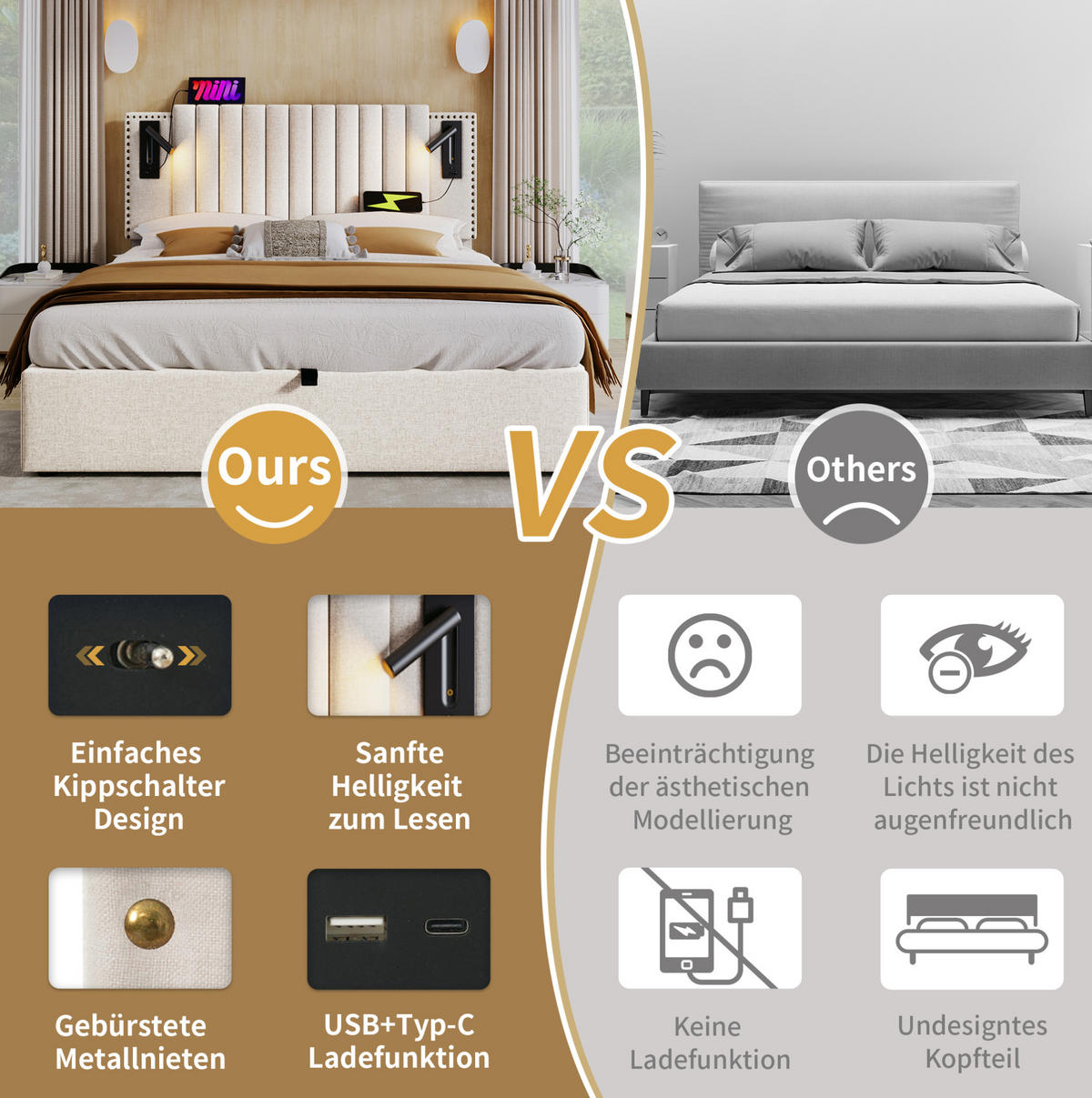 POLSTERBETT 160/200 cm aus Baumwolle mit Leselicht, USB- und Type-C-Anschlüssen, Bettkasten und Matratze, Beige - Beige, Textil (160/200cm) - Redom
