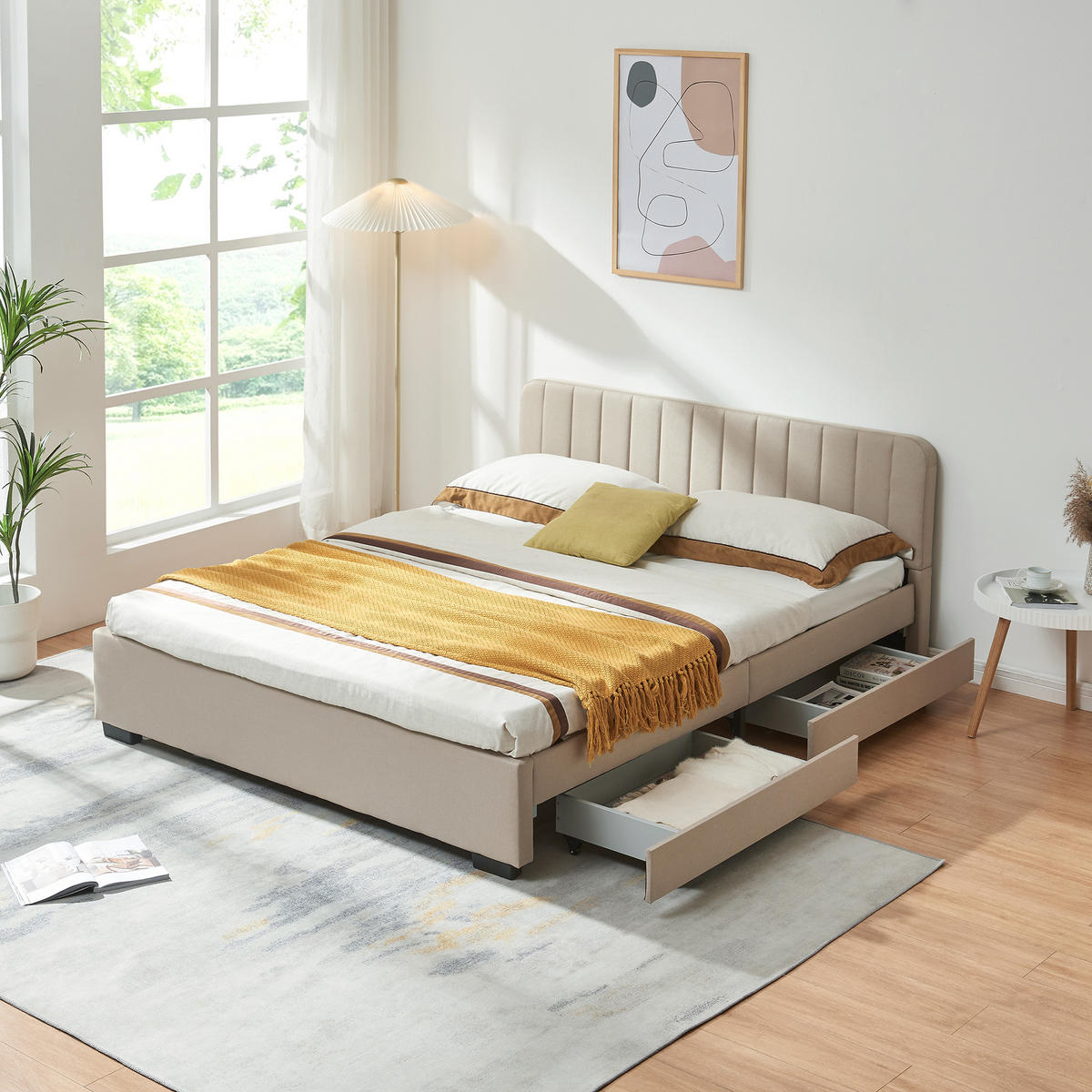 POLSTERBETT Nofrenna - Beige/Schwarz, Holzwerkstoff/Kunststoff (160/200cm) - [en.casa]