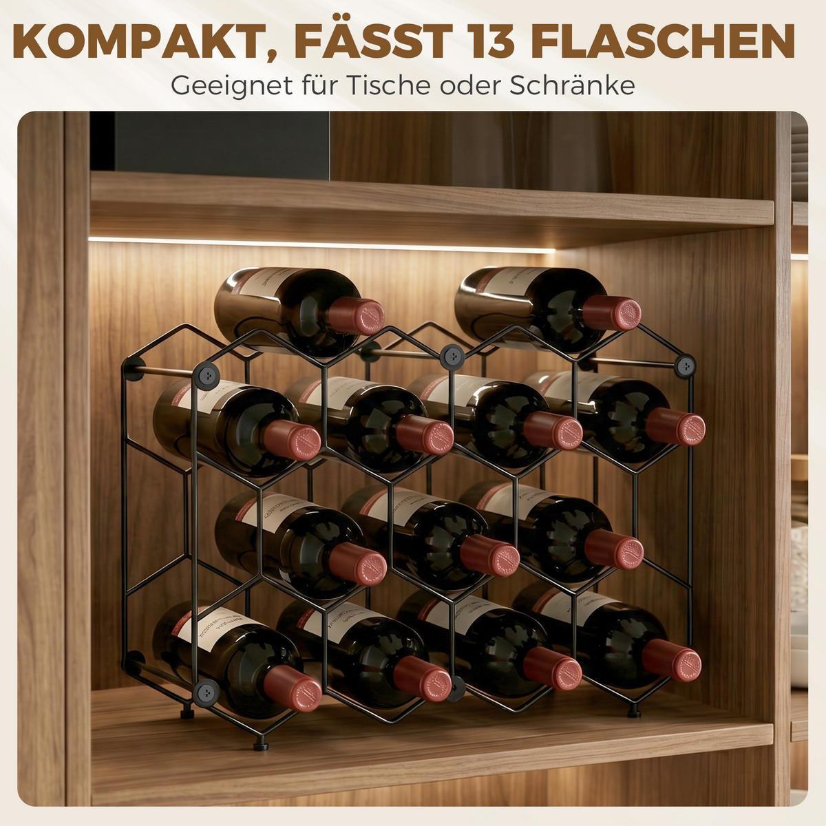 WEINREGAL, Wabendesign, Metall, Kippschutz, 13 Flaschen, schwarz, 43x15,5x31cm - Multicolor, Metall (43/31/15.5cm) - FORIOUS