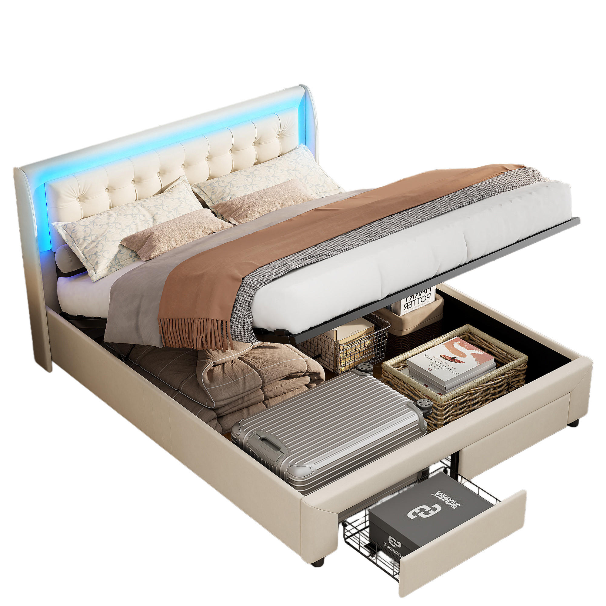 POLSTERBETT Samt 160x200cm im Chesterfield Stil mit LED und 2 Schubladen - Beige, Holzwerkstoff (160/200cm) - Novahome