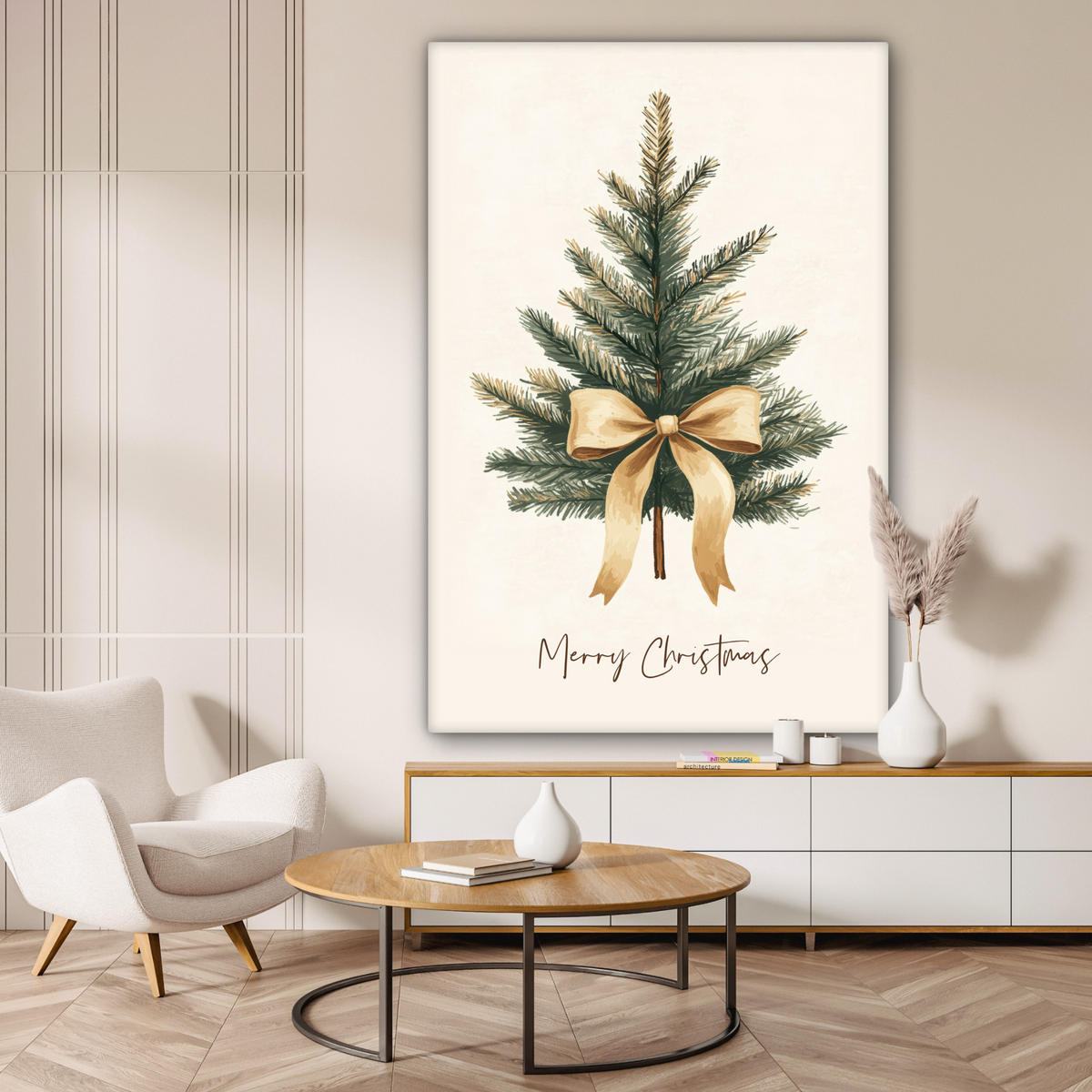 SLIKA NA PLATNU Božično drevesce 90x140 cm - peščene barve, tekstil (90/140cm) - MuchoWow