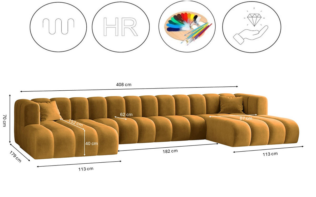 ECKSOFA, U-from, Sofa Grand U XL modular stoff Salvador Gelb - Gelb, Holz (179/408cm) - Kaiser Möbel