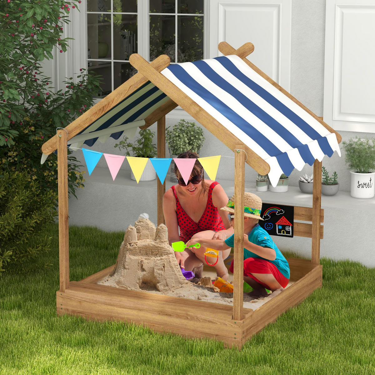 SANDKASTEN mit Dach, Sandkiste aus Holz mit Sitzplatz, Spielhaus, Garten, Braun - Braun, Holz (124/116/146cm) - Outsunny