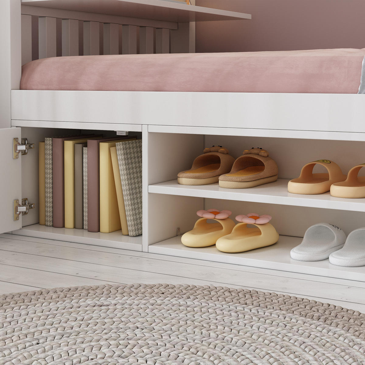 ETAGENBETT 90/200 cm & 90/200 cm in Weiß mit klappbarer Tischplatte, Schuhregal und Schränken - Weiß, Holzwerkstoff (90/200cm) - STILVORA