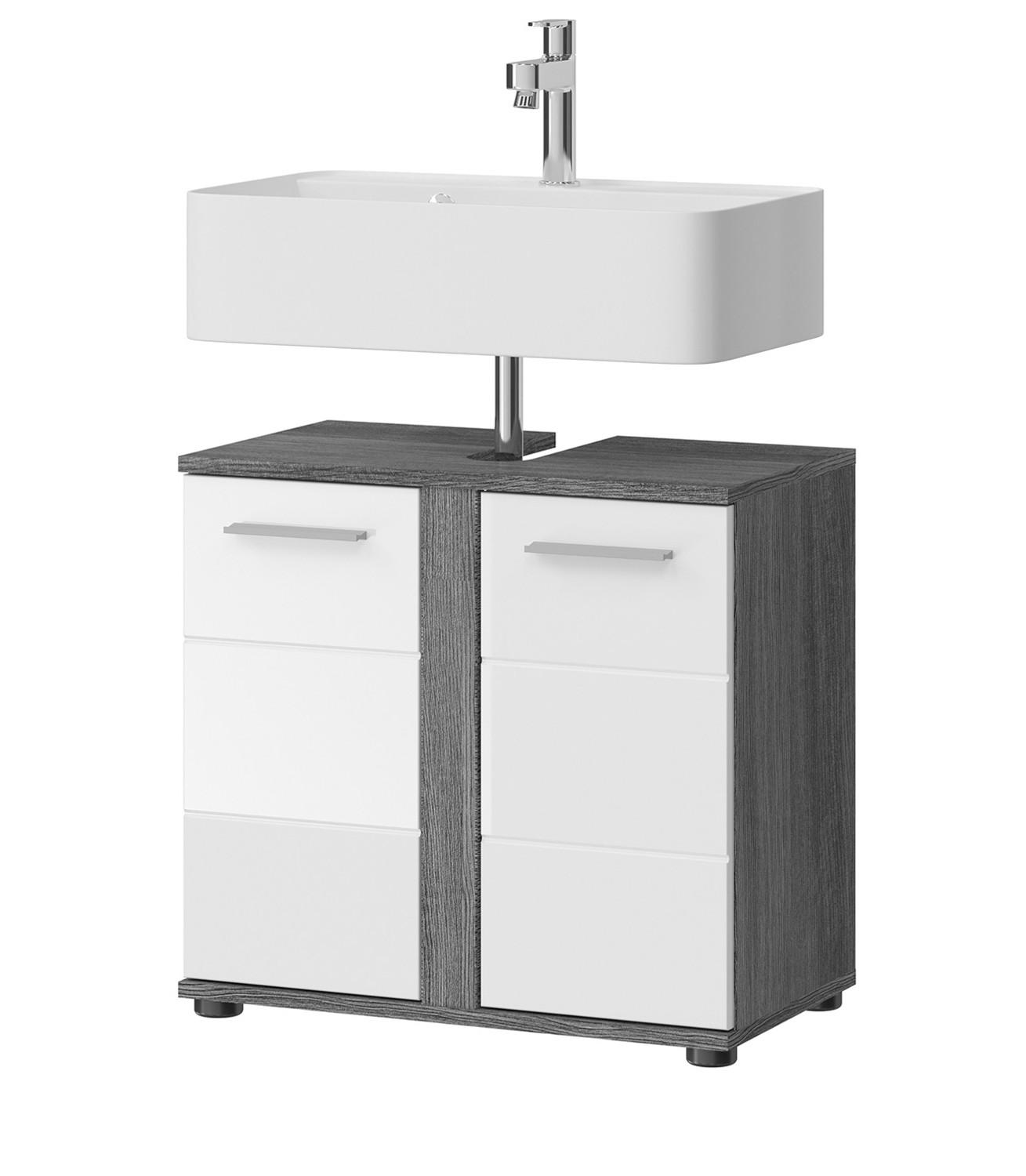 WASCHBECKENUNTERSCHRANK weiß Hochglanz, grau 60 cm, Badezimmer Unterschrank 2-türig - Weiß Hochglanz/Silberfarben, Holzwerkstoff/Kunststoff (60/57/34cm) - Inn.Furn