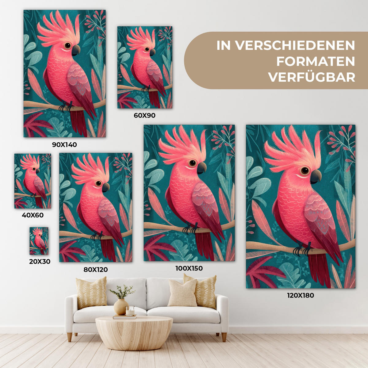 LEINWANDBILD Kakadu - Tropische Blätter - Zweig Deko XXL 80x120 cm - Petrol, Textil (80/120cm) - MuchoWow