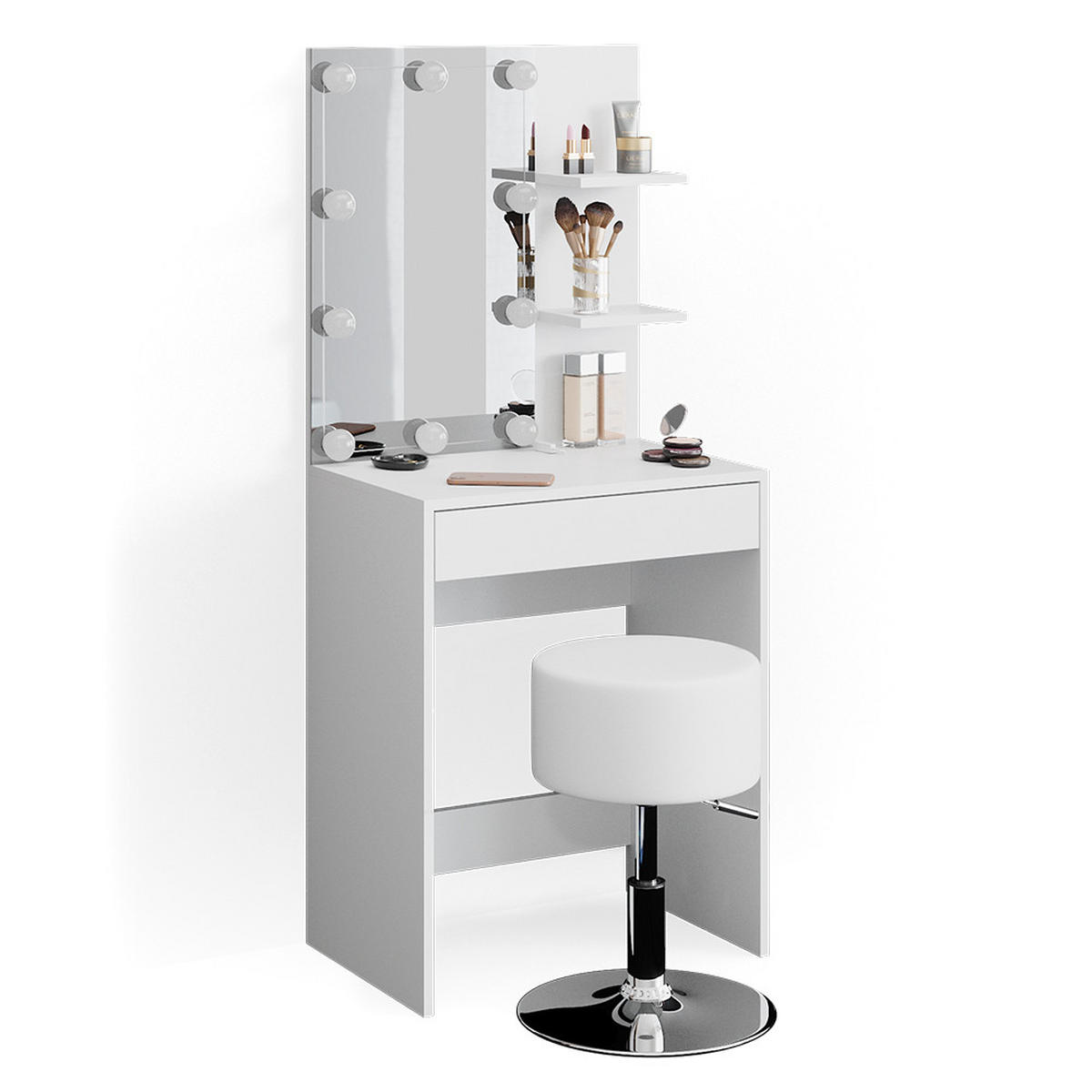 SCHMINKTISCH Isabelle Weiß 60 cm mit LED Beleuchtung und Hocker - Weiß, Holzwerkstoff (60/140/40cm) - Vicco