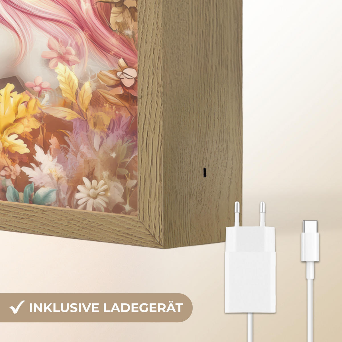 NÁSTĚNNÁ LAMPA S AKUMULÁTOREM Jednorožec - Květiny - Motýl - Růžová 30x40 cm - béžová, kompozitní dřevo (30/40/8cm) - OnlyWow