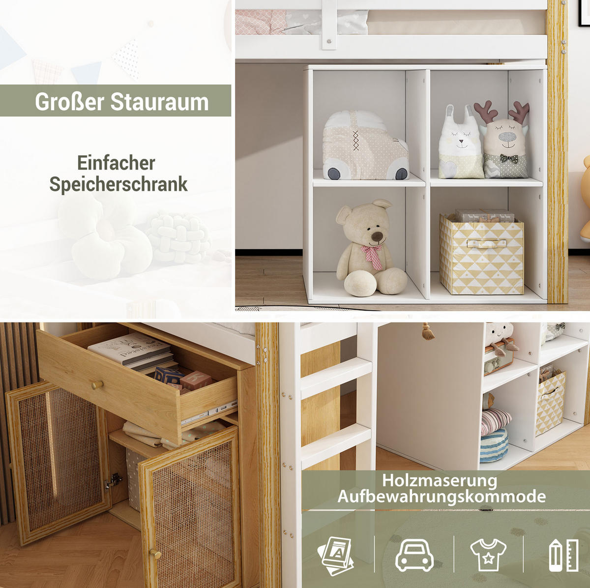 HOCHBETT 90/200 cm mit 2 Aufbewahrungsschränken und Leiter, Natur/Weiß - Naturfarben, Holzwerkstoff (90/200cm) - Redom