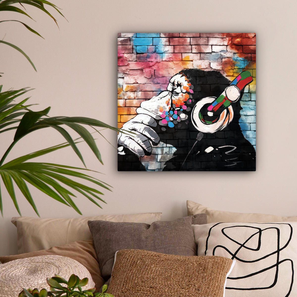 LEINWANDBILD Affe - Graffiti - Musik Wandbild Wohnzimmer 50x50 cm - Multicolor, Textil (50/50cm) - MuchoWow