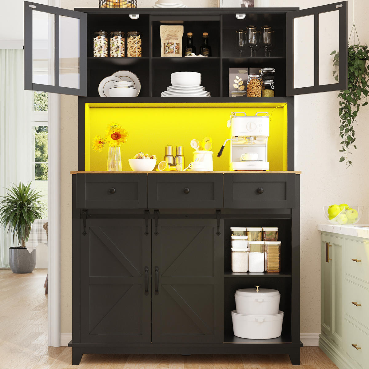 BUFFET 105/180/38,4 cm Schwarz aus MDF mit LED-Beleuchtung - Schwarz, Holzwerkstoff (38.4/180/105cm) - OKMYHOME