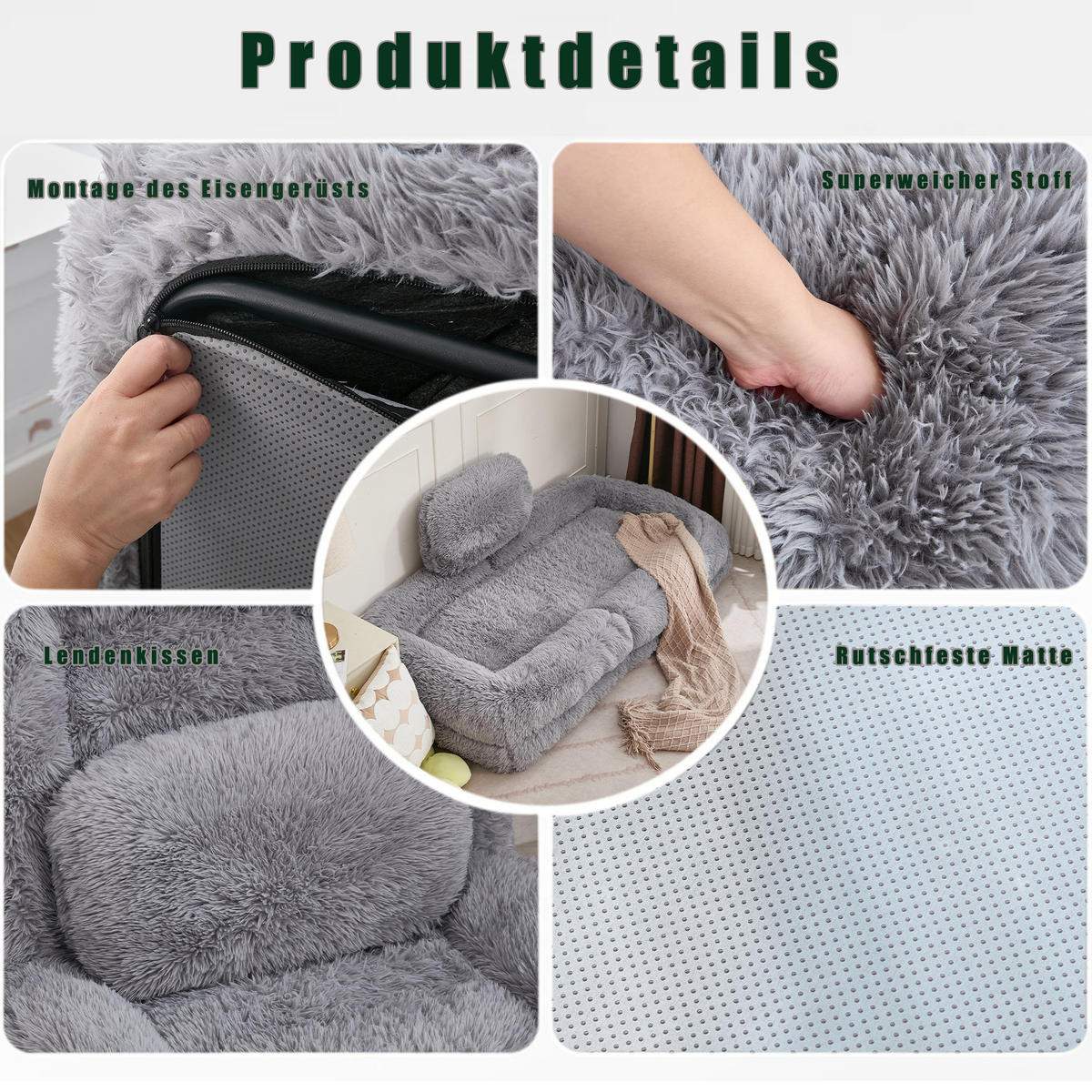SITZSACK Plüsch Hellgrau mit Verstellfunktion und mit Kissen - Hellgrau, Holzwerkstoff/Textil (89/42/175cm) - WISHDOR