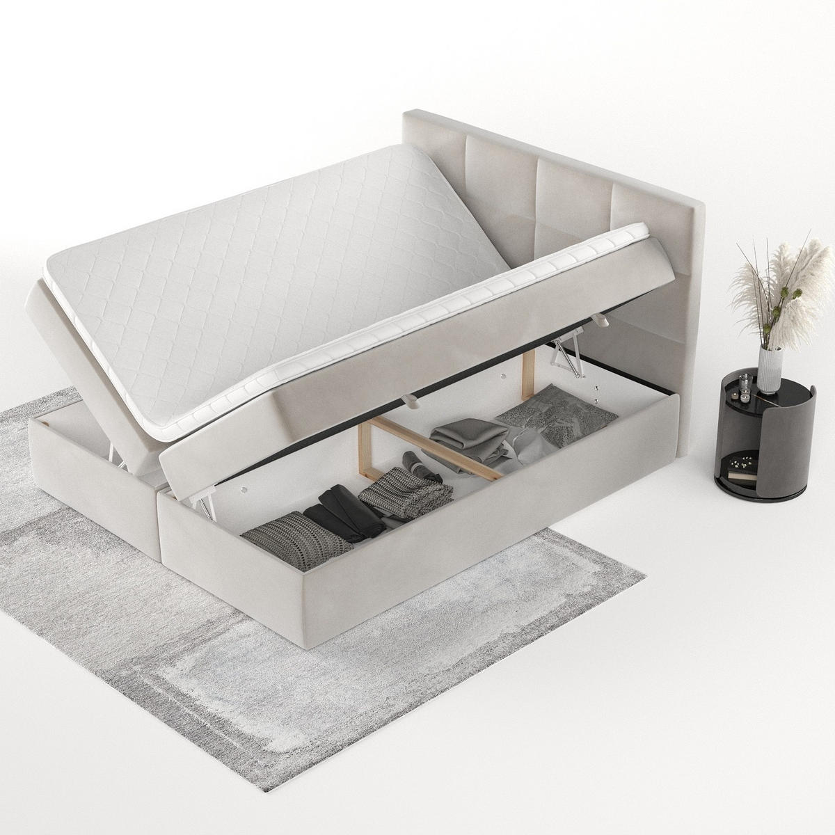 BOXBETT Oris 180/200 cm Hellbeige im Paros Stoff - Beige/Schwarz, Holz/Holzwerkstoff (180/200cm) - AltaBeds