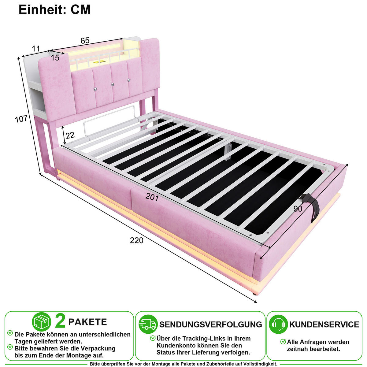 POLSTERBETT 90/200 cm in Rosa mit Bettkasten, LED, USB und Samt - Rosa, Holzwerkstoff/Textil (90/200cm) - CHICFURN