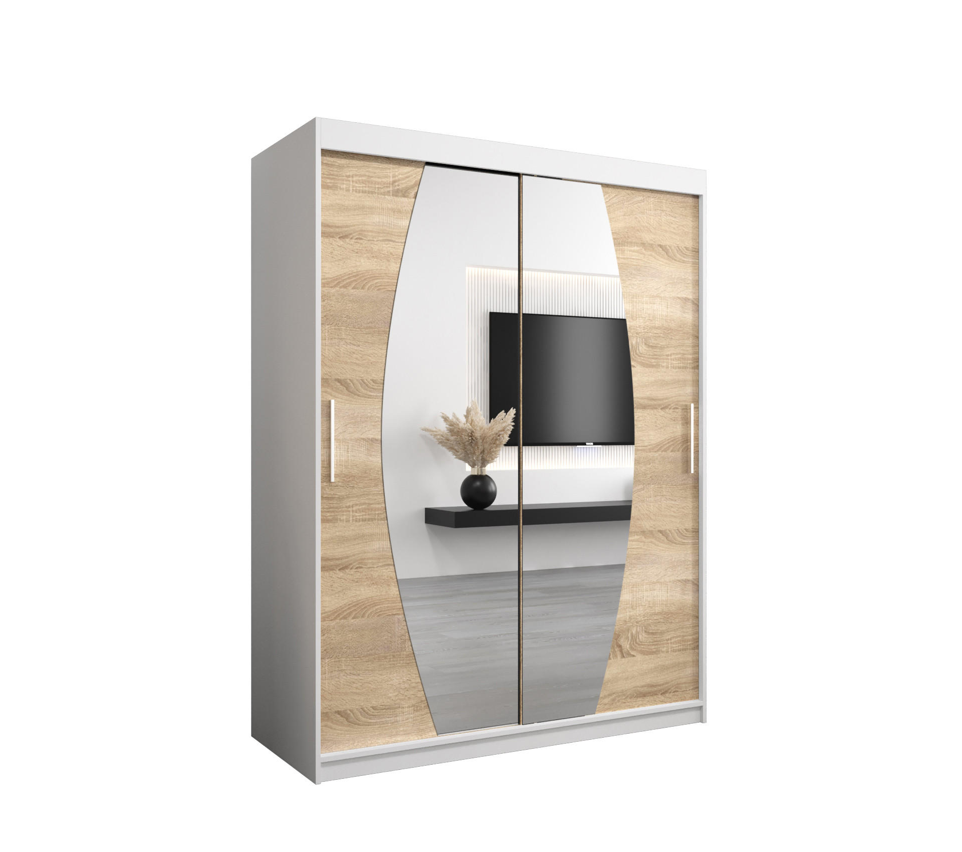 Abiks Möbel Schwebetürenschrank Weiß, Sonoma Eiche 150x200x62 cm