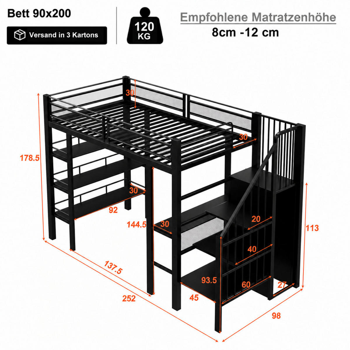 HOCHBETT 90/200 cm Schwarz mit LED-Lichtleiste, Ablagefach und Bücherregal - Schwarz, Metall (90/200cm) - Oxeza