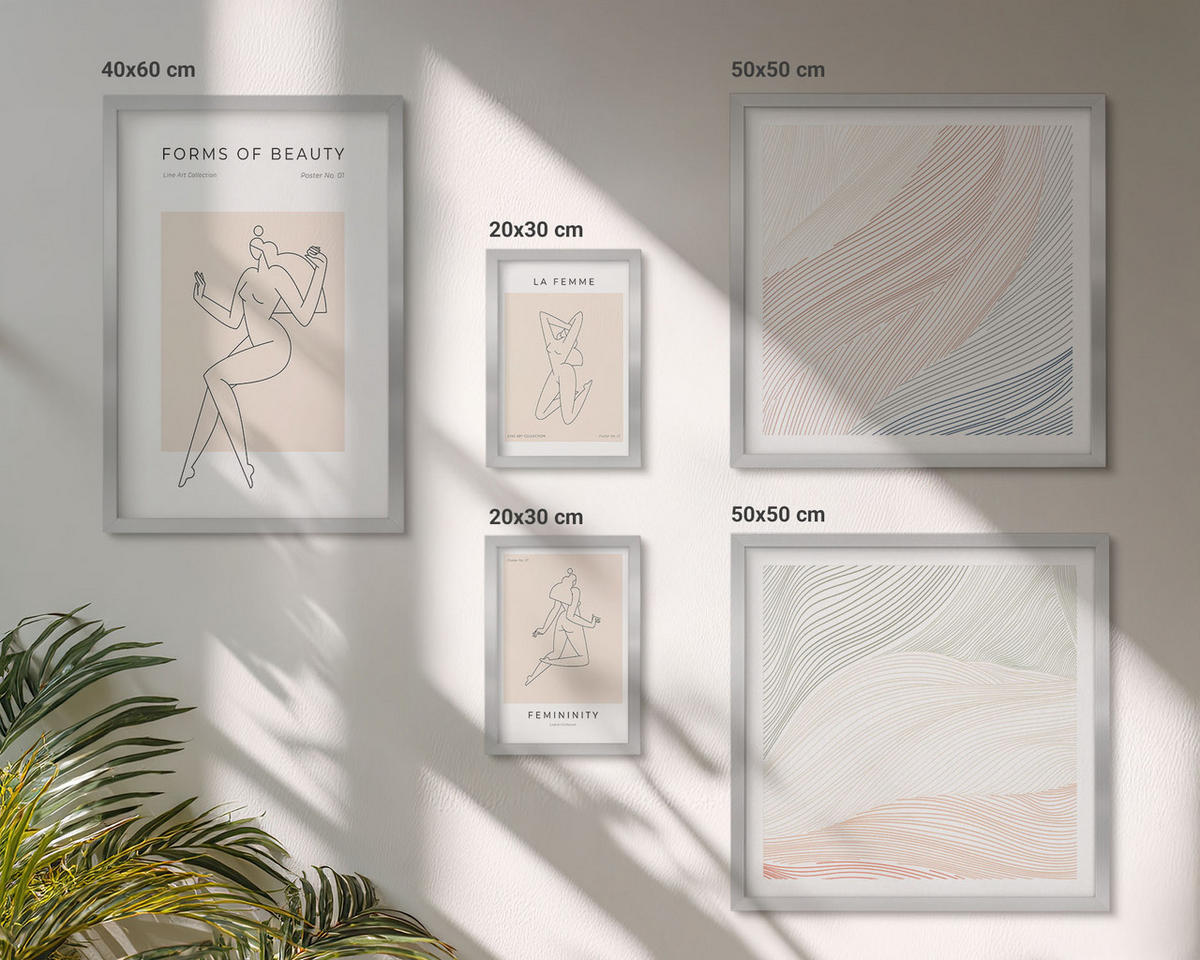WANDBILDER 5er Set - 50x50 cm & 20x30 cm & 40x60 cm Silberner Rahmen - Weibliche Silhouetten auf Plakaten - Silberfarben, Kunststoff (40/60cm) - ArtPrintCave