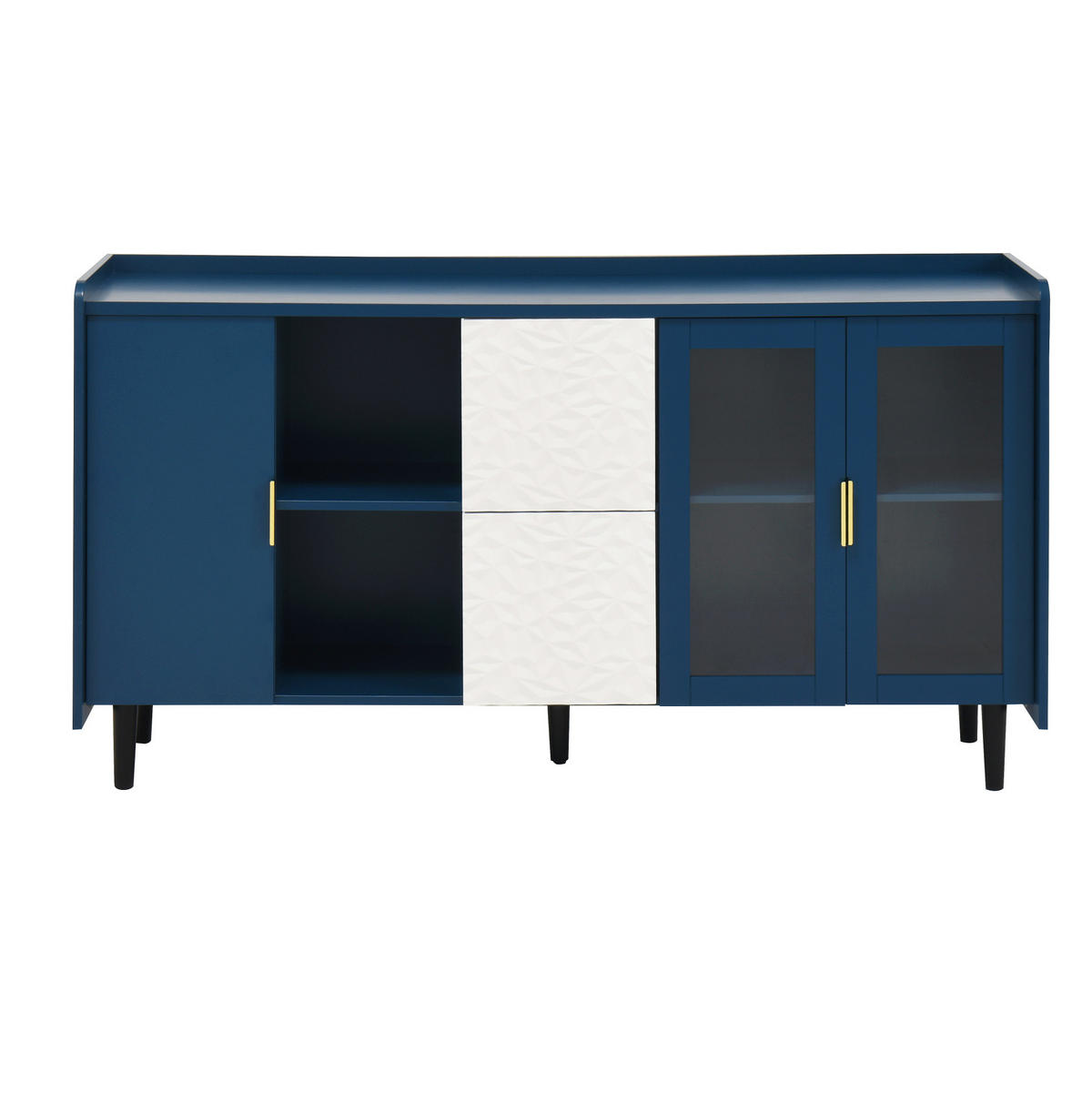 SIDEBOARD mit Glastüren, 2 Schubladen und offenen Fächern, vielseitiger Stauraum, Blau - Blau, Holzwerkstoff (150/80/40cm) - Redom