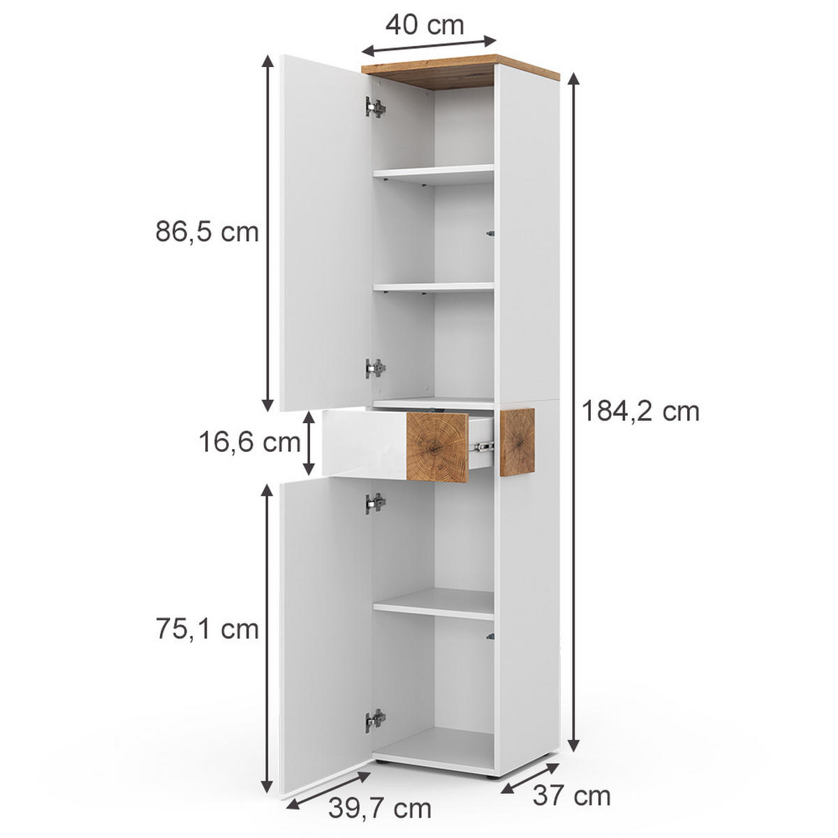 BADSCHRANK Eden Weiß 40 x 184.2 cm mit 2 Türen und Schublade - Weiß Hochglanz, Holzwerkstoff (40/184.2/37cm) - Vicco