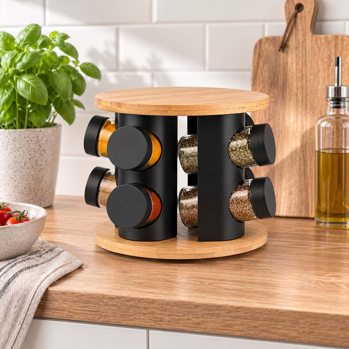 GEWÜRZKARUSSELL Natur Schwarz Transparent 12er-Set - Multicolor, Glas/Holz (19.5/22/19.5cm) - Relaxdays