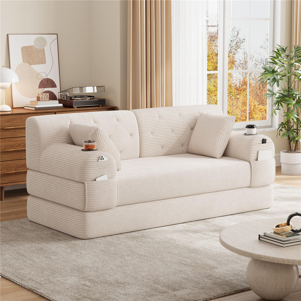 SCHLAFSOFA 2-Sitzer Cord Lounge mit Taschen & Getränkehaltern, Beige - Beige, Textil (168/81/80cm) - Kaket