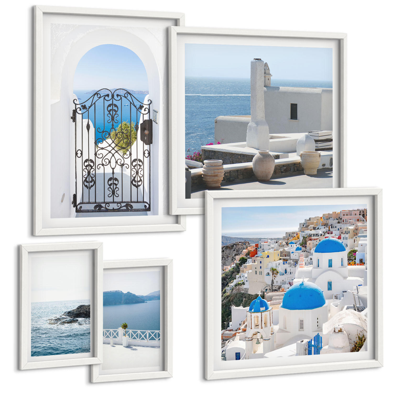 BILDER SET 5er Set - 50x50 cm & 20x30 cm & 40x60 cm Weißer Rahmen - Gebäude am Weißen Meer, Griechenland - Weiß, Kunststoff (40/60cm) - TULUP