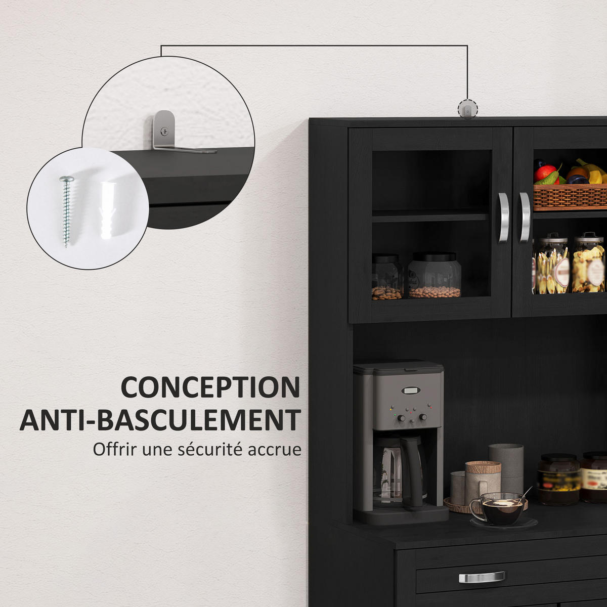 BUFFET DE-11309 4 Türen & Schublade mit Arbeitsplatte Schwarz - Schwarz, Holzwerkstoff (121.92/431.8/203.2cm) - ComfortXL