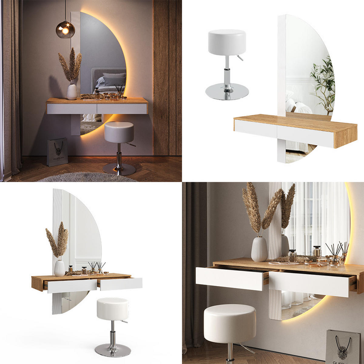 SCHMINKTISCH Melisa Weiß 120 cm mit LED Beleuchtung und Hocker - Eichefarben/Weiß, Holzwerkstoff (120/161.1/40cm) - Vicco