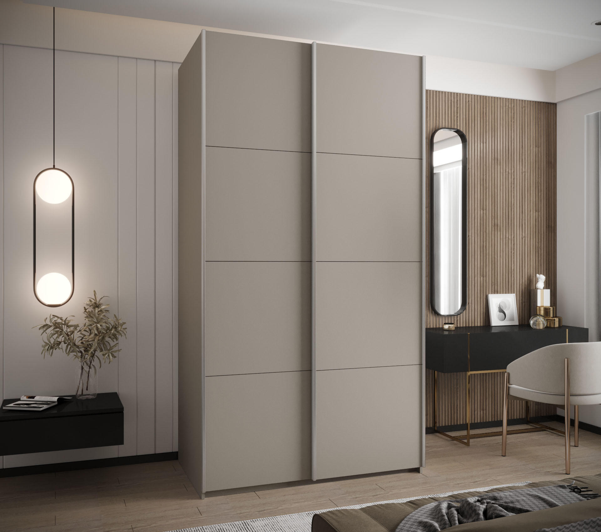 SCHWEBETÜRENSCHRANK 245,5/140/64 2-türig - Kaschmir/Silberfarben, Holz/Metall (140/245/64cm) - Abiks Möbel
