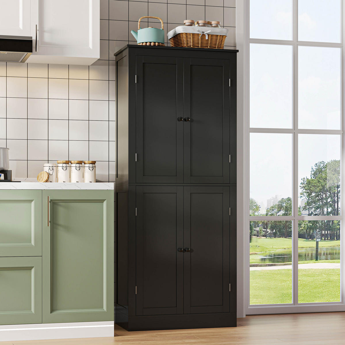 KÜCHENSCHRANK in Schwarz mit Regaltüren und Schublade für Küchen und Wohnzimmer, B75/T40/H182 cm - Schwarz, Holzwerkstoff (75/180/40cm) - STILVORA