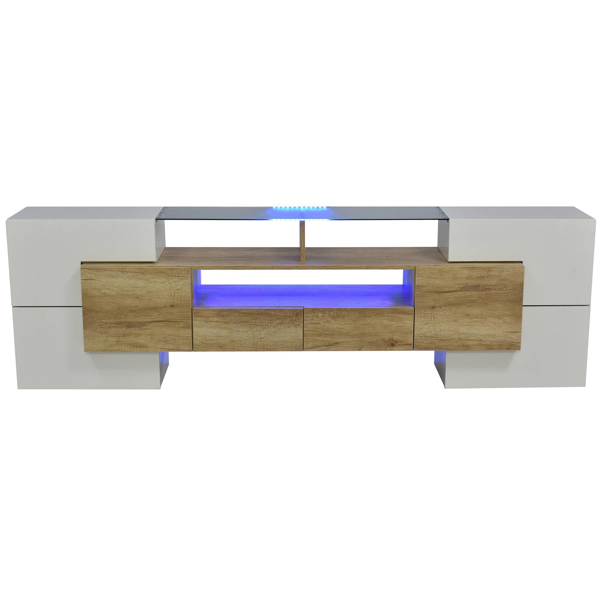TV-SCHRANK 200/35/60 cm hochglänzendes Weiß MDF mit LED-Beleuchtung und Glasoberfläche - Weiß, Holzwerkstoff (200/60/35cm) - OKWISH