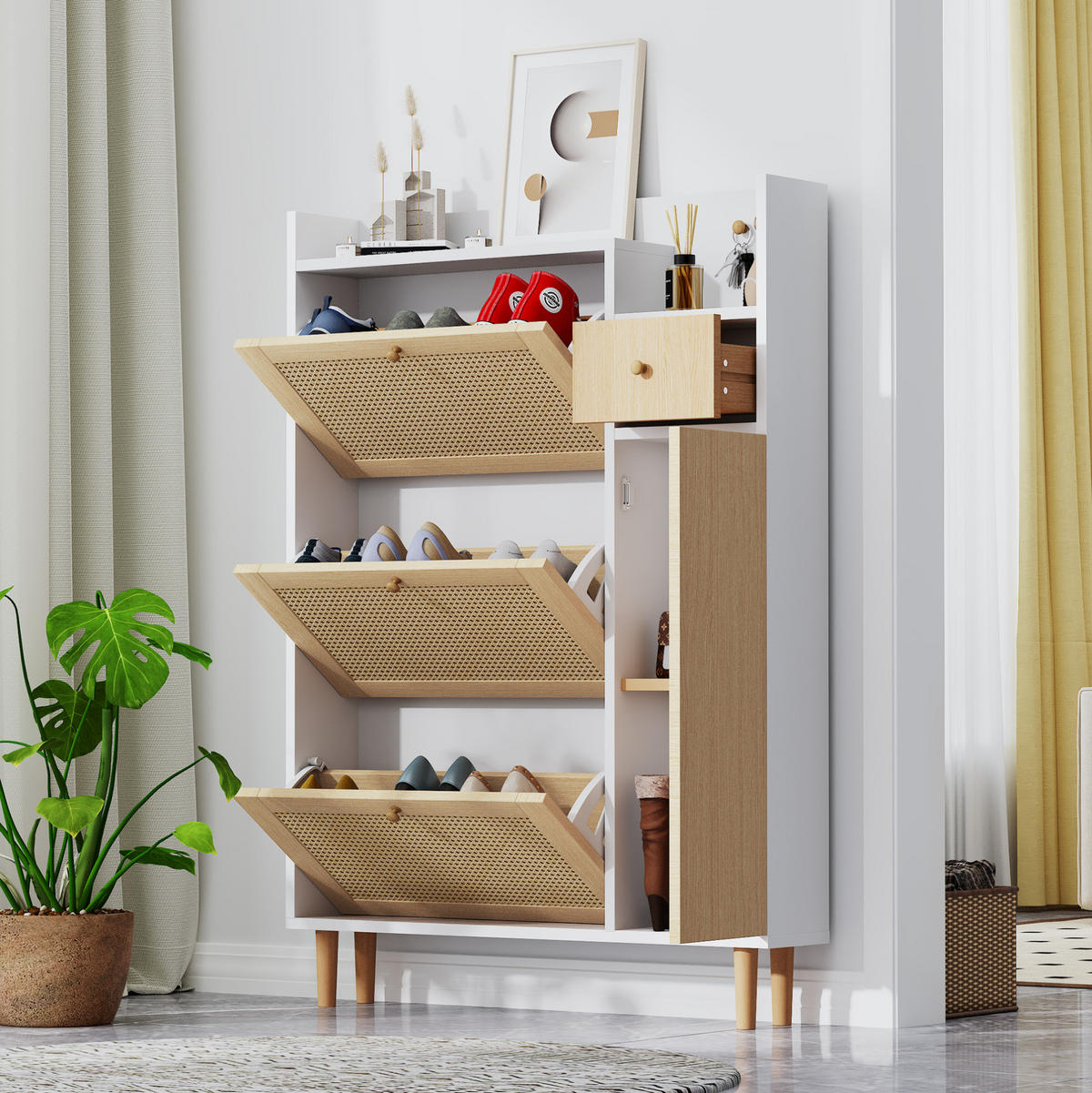 SCHUHSCHRANK mit 3 Klappen und Schublade 90x125x17 cm Natur/Weiß - Weiß, Holzwerkstoff (17/125/90cm) - Beauniv