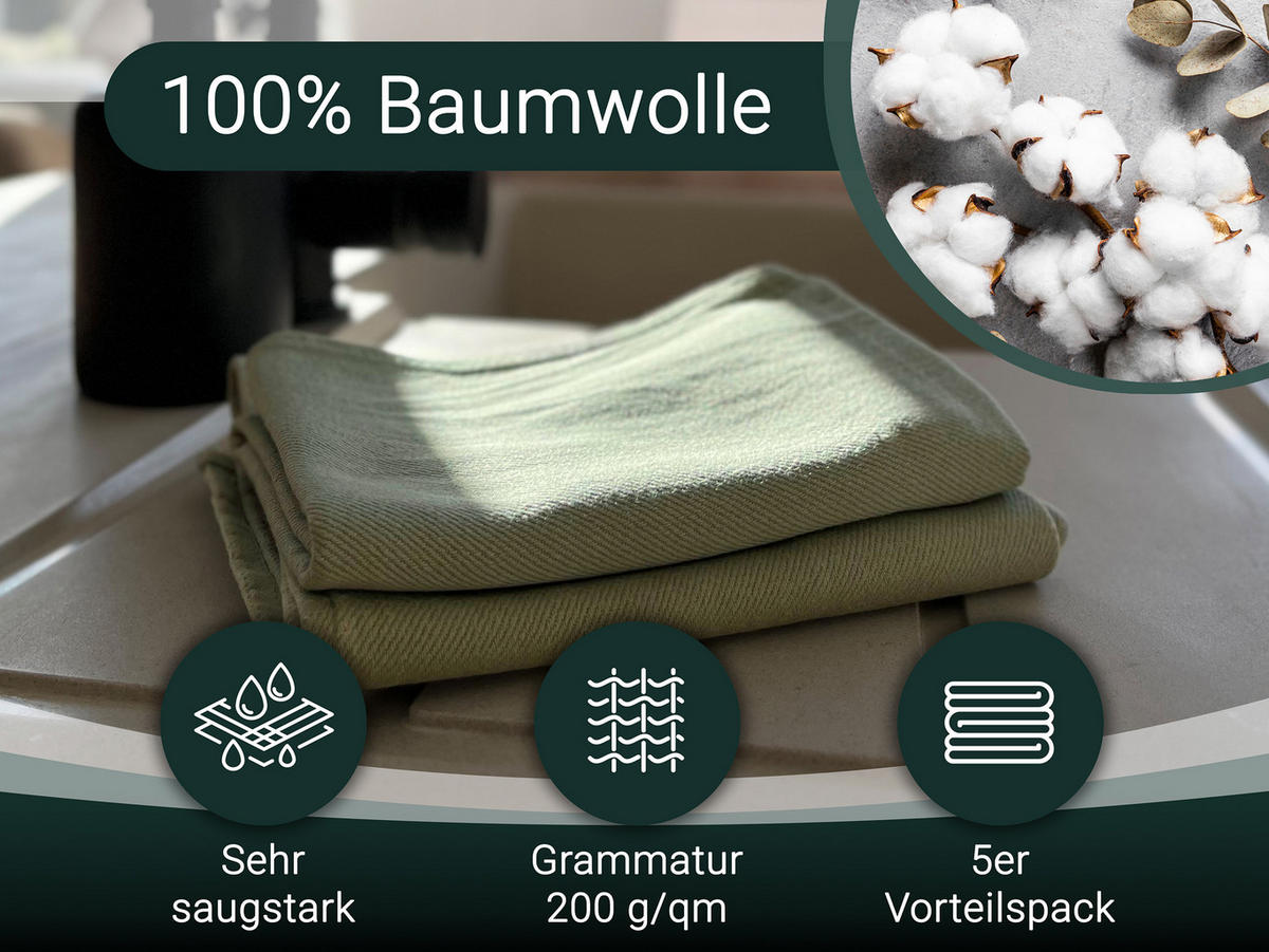 GESCHIRRTÜCHER, 5er-Set, 50x70 cm, 100% Baumwolle, Grün - Hellgrün, Textil (50/70cm) - Zollner