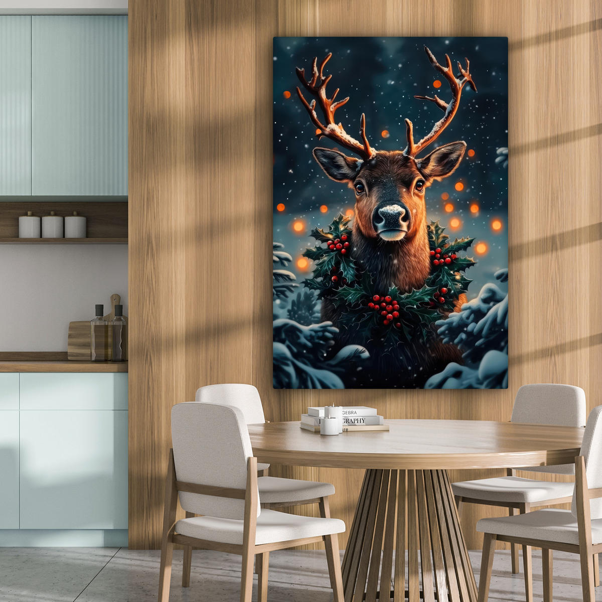 LEINWANDBILD Hirsch - Weihnachten - Winter - Schnee - Weihnachtskranz 90x140 cm - Dunkelbraun, Textil (90/140cm) - MuchoWow