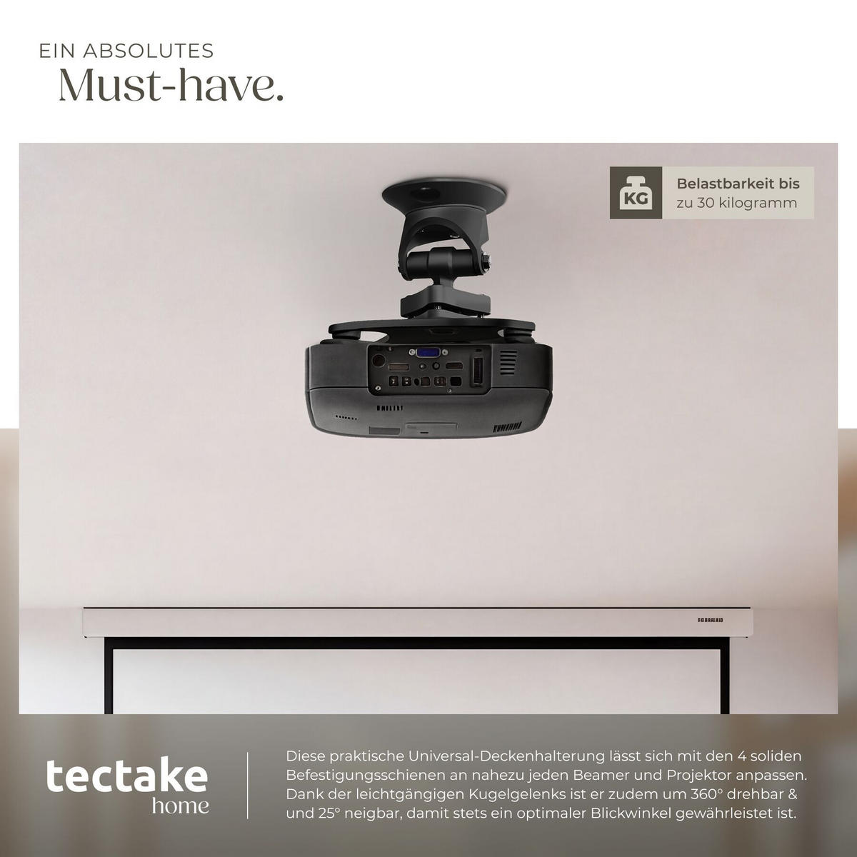 DECKENHALTERUNG für Beamer Universal, Aluminium, 360° Kugelgelenk, bis 30 kg, schwarz - Schwarz, Metall (12/0.2/23.5cm) - tectake